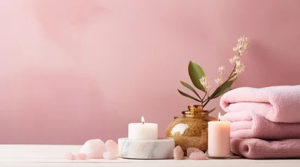 Keuken achterwand Spa Beauty treatment items for spa procedures on pink wooden table and gold marble wall. massage stones, essential oils and sea salt. candle, rolled up white towel, plants, copy space  © Keitma