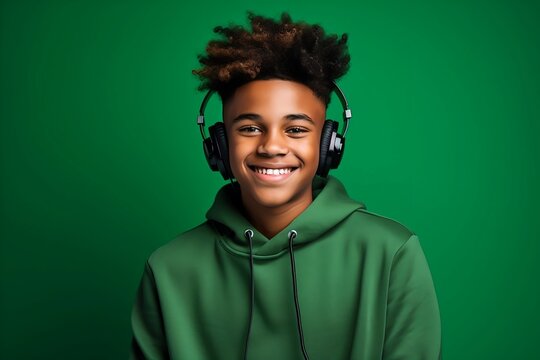 Funny Cheerful Teenager Guy African With Headphones Listening To Music On The Green Background. Generative Ai.