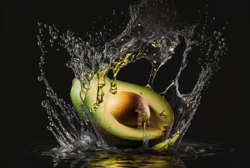 fresh avocado with water splash isolated on black background. generative ai
