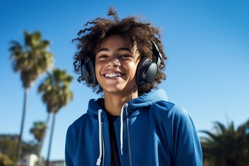 Funny cheerful teenager guy hispanic with headphones listening to music against the blue sky and palm trees. Generative ai.