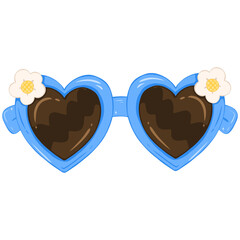 Blue heart shaped sunglasses with a little flower on top 