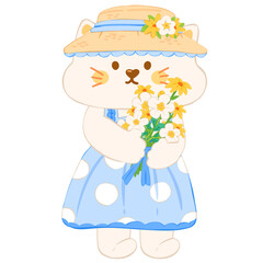 Adorable cat with blue dress holding flowers 