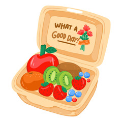 Fruits and Berries in the box with text “ What a good day!”