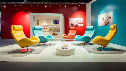 comfortable zen massage chair with a square, circular and triangular element, against a subtle pastel Teal, Chrome yellow and red colours plain walls.