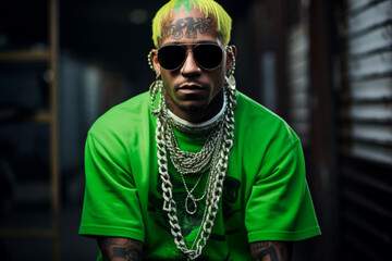 Tough rapper portrait with face tattoos and gold chains, lime green hair and clothing on dark background - obrazy, fototapety, plakaty