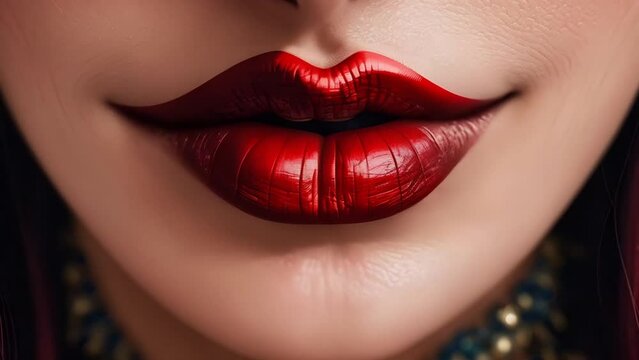 Woman red lipstick mouth with funny lips close up