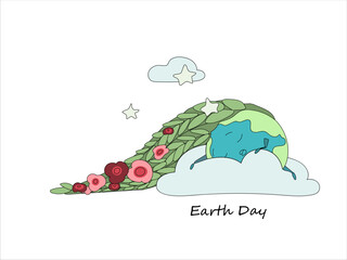 Character in the form of a planet. Sleeping on the clouds. She loosened her hair with woven flowers. Shining stars around.