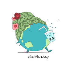 Cheerful character in the image of the planet. Drinks water from a glass, blowing bubbles. Braided hair with flowers in it.