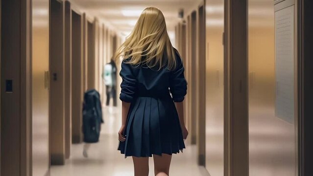 Beautiful blond teenage girl in full growth walks along the school corridor