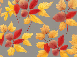 Autumn floral painted background red yellow leaves.