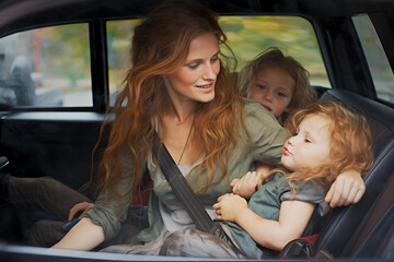 Red beauty mother is speaking with her children in a car