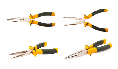 Long nose pliers black yellow color isolated on white background.