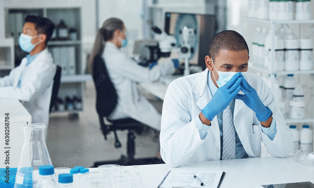 Poster lab, stress and scientist thinking of research in a laboratory worried to fail, mistake and problem 