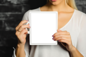 transparent screen tablet mockup in the hands of a business woman business office setting Tablets used in office meetings