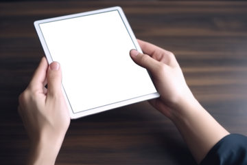 Transparent screen tablet mockup in the hands of a businessman ,business office setting ,Tablets used in office meetings