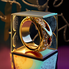 gold ring with diamonds Design a visually captivating graphic featuring a close-up view of a golden shiny ring resting on a meticulously crafted glass box. The composition incorporates abstract elemen