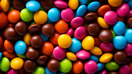 Obraz premium Close up of a pile of colorful chocolate coated candies. Candy background. Generative AI