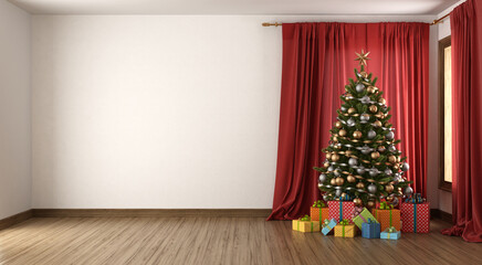 White living room with Christmas tree and gift box - 630260172