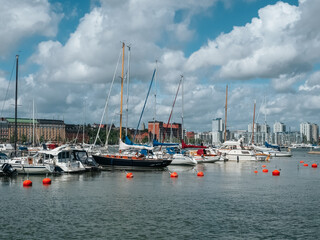 Helsinki, Finland - 07 04 2023: Boats on the waterfront in Helsinki. City marina