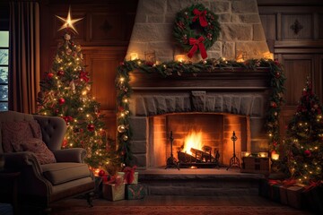 Fototapeta na wymiar cozy fireplace adorned with stockings, twinkling lights, and a beautifully decorated Christmas tree, creating a warm and festive atmosphere - Generative AI