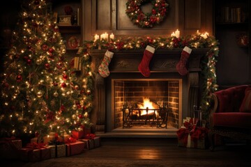 cozy fireplace adorned with stockings, twinkling lights, and a beautifully decorated Christmas tree, creating a warm and festive atmosphere - Generative AI