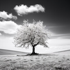 A black and white photograph of a cherry blossom tree 