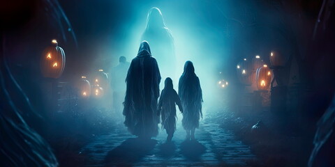 family with ghosts and ghosts going to a Halloween party. Generative AI
