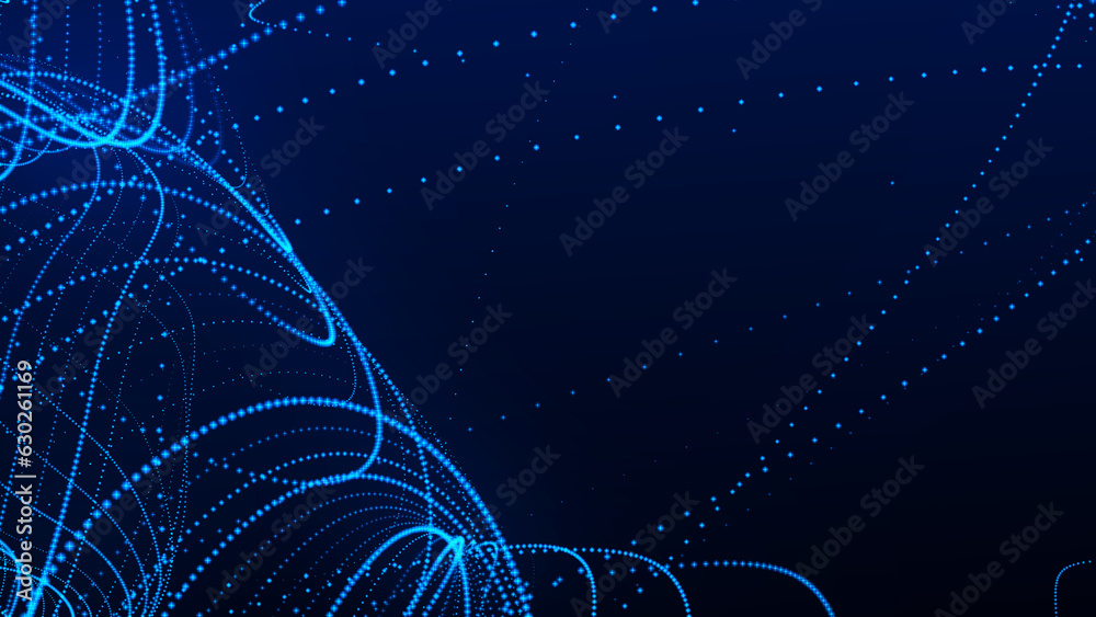 Poster dynamic wave of glowing particles. data flow information. concept of digital communication. technolo
