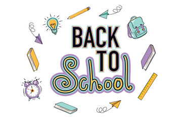 Vector Back to School Banner or Card Isolated Design. Creative educational Concept for New School Term. Hand Drawn Lamp, Paper Planes, School Bag with Stationary. Creative Colorful Frame eps10 Design.