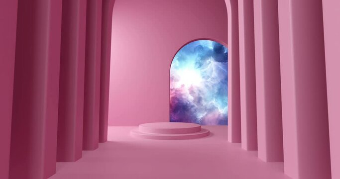 Animation of pink corridor with doorway and clouds with copy space on pink background
