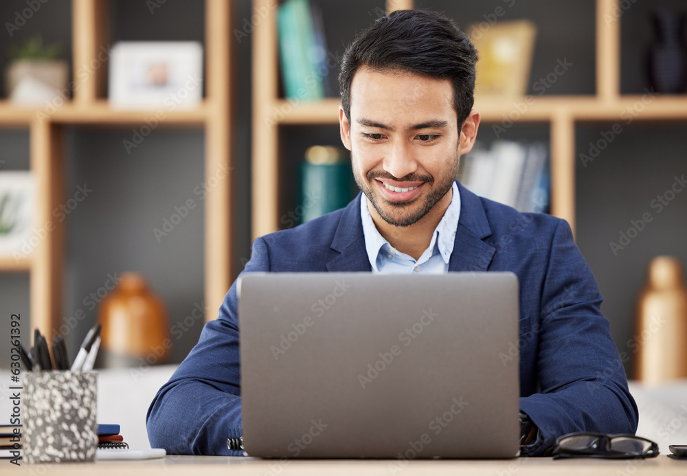 Poster Man in office with laptop, smile and typing email, proposal or writing online report networking at startup. Happy businessman, computer and administration work for editing, copywriting or web search.