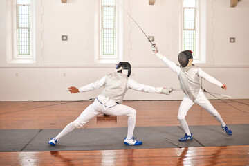 People, training and fight in fencing competition, duel or combat with martial arts fighter and...