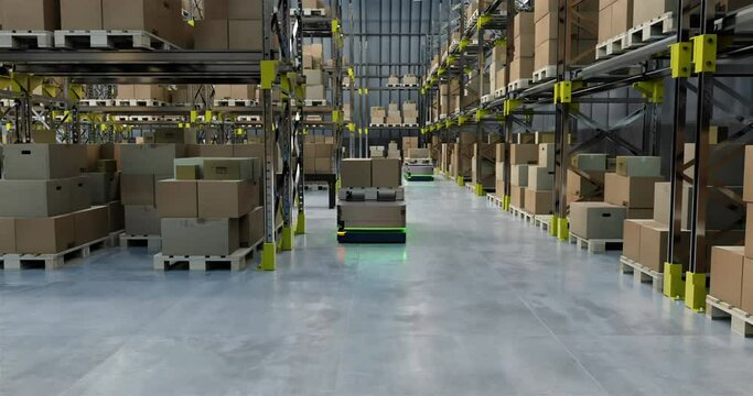 Animation of robots and drones working in warehouse