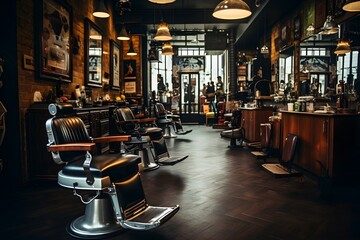 Naklejka premium Urban style haven: A trendy hipster barbershop nestled amidst the bustle of a thriving city