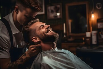 Comforting care: A barber applying soothing after-shave to customer's face for a complete grooming experience