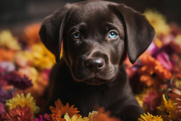 Heart melting cuteness of a lovable Labrador puppy surrounded by a delightful array of flowers. Ai generated