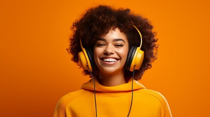 Funny cheerful young Hispanic girl with headphones listening to music on an orange background. Generative ai.