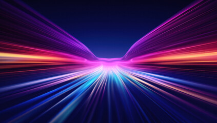 Futuristic glow and laser lights. Abstract 3d render of vibrant purple corridor. Modern sci fi illustration. Cyber energy. Neon portal tunnel.