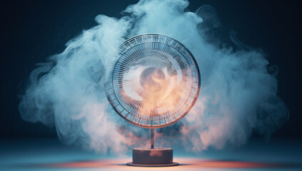 Modern conditioning system for indoor comfort. White appliance for air circulation and ventilation. Technology for health and pollution control. Air fan with smoke.