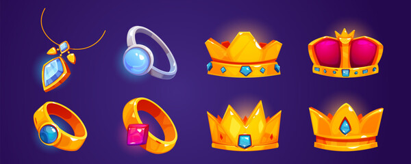 Game jewelry cartoon icon set. Bright glow golden and silver crowns, rings and amulet with crystals and gemstones. Vector illustration collection of royalty jewel assets with magic shiny stones.