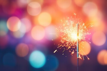 Glittering burning sparkler on colorful bokeh background.	