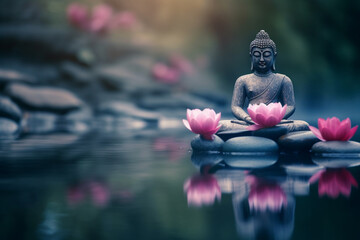 Serenity and tranquility of a Buddha statue seated in the lotus position on a peaceful river, with stones and a beautiful pink lotus flower, symbolizing inner peace and enlightenment. Ai generated