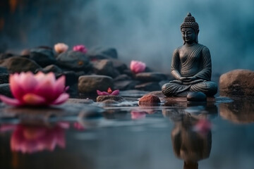 Serenity and tranquility of a Buddha statue seated in the lotus position on a peaceful river, with stones and a beautiful pink lotus flower, symbolizing inner peace and enlightenment. Ai generated