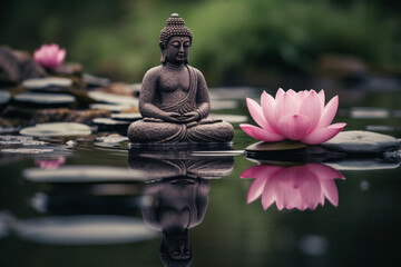 Serenity and tranquility of a Buddha statue seated in the lotus position on a peaceful river, with...