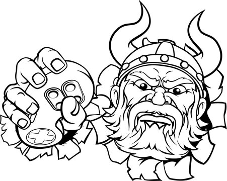 Viking Gamer Video Game Controller Mascot Cartoon