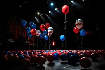 presidential campaign hall decorated with american flags and balloons with the symbols of the american flag.preparation with elections.the concept of elections and the free will of the people. 