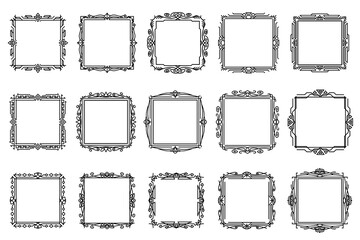 Vintage style ornate square frames. Abstract square frames with black thin line. Vintage elegant borders with floral monograms and ornaments.