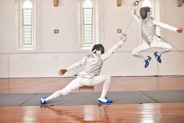 Fencing, exercise and people fight, jump and training, fitness or workout for energy with epee...