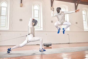 Jump, fencing and people with sword to fight in training, exercise or workout in a hall. Martial...