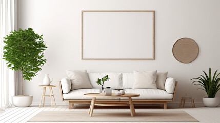 Blank Picture Frame Mockup in Scandinavian Style Living Room. Horizontal.